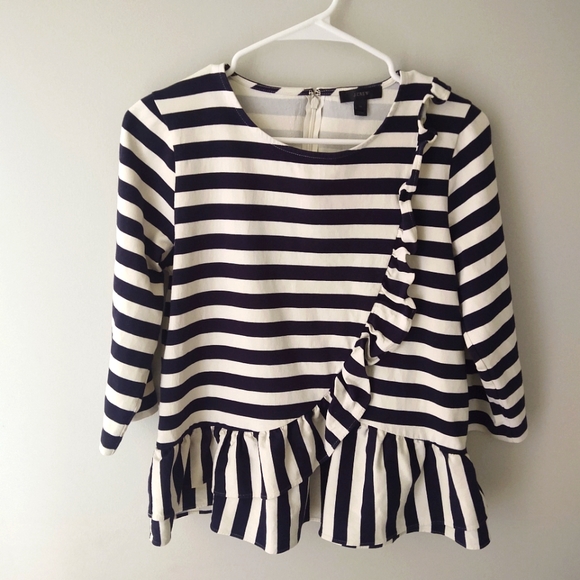 J. Crew Tops - JCrew navy and off-white striped shirt with front & bottom ruffle, women's M